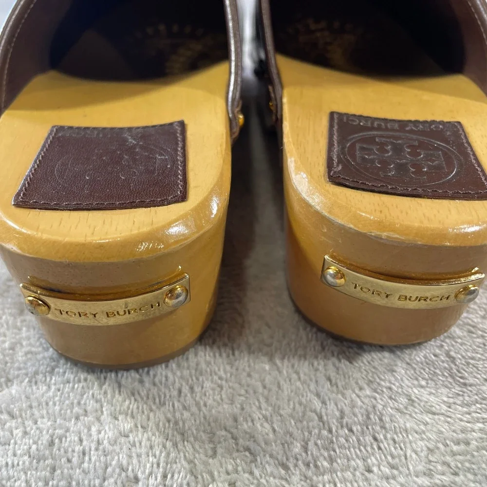 Tory Burch Wooden Clogs Mules Womens 8 Brown Leather Perforated Preppy Boho